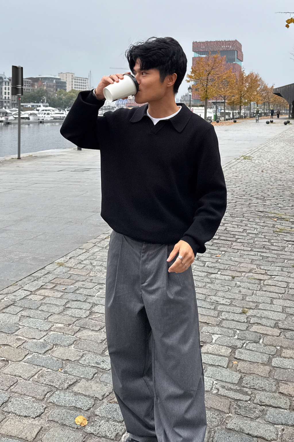 Stickad Långärmad Pikétröja - Svart