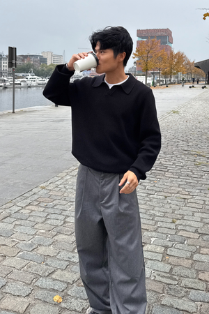 Stickad Långärmad Pikétröja - Svart