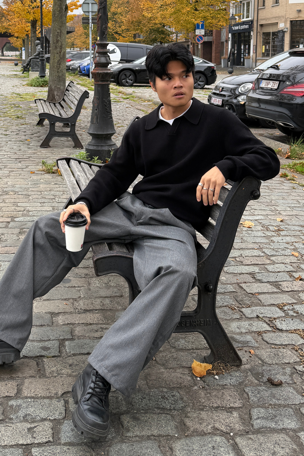 Stickad Långärmad Pikétröja - Svart