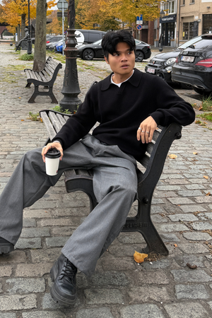 Stickad Långärmad Pikétröja - Svart