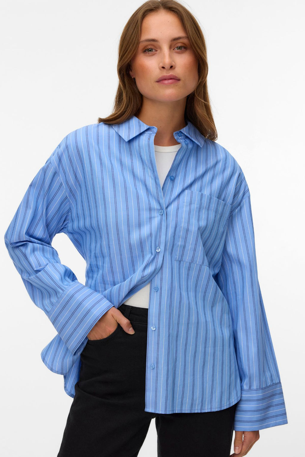 Gina Bältesskjorta - Provence Stripes: Navy Peony/Snow White