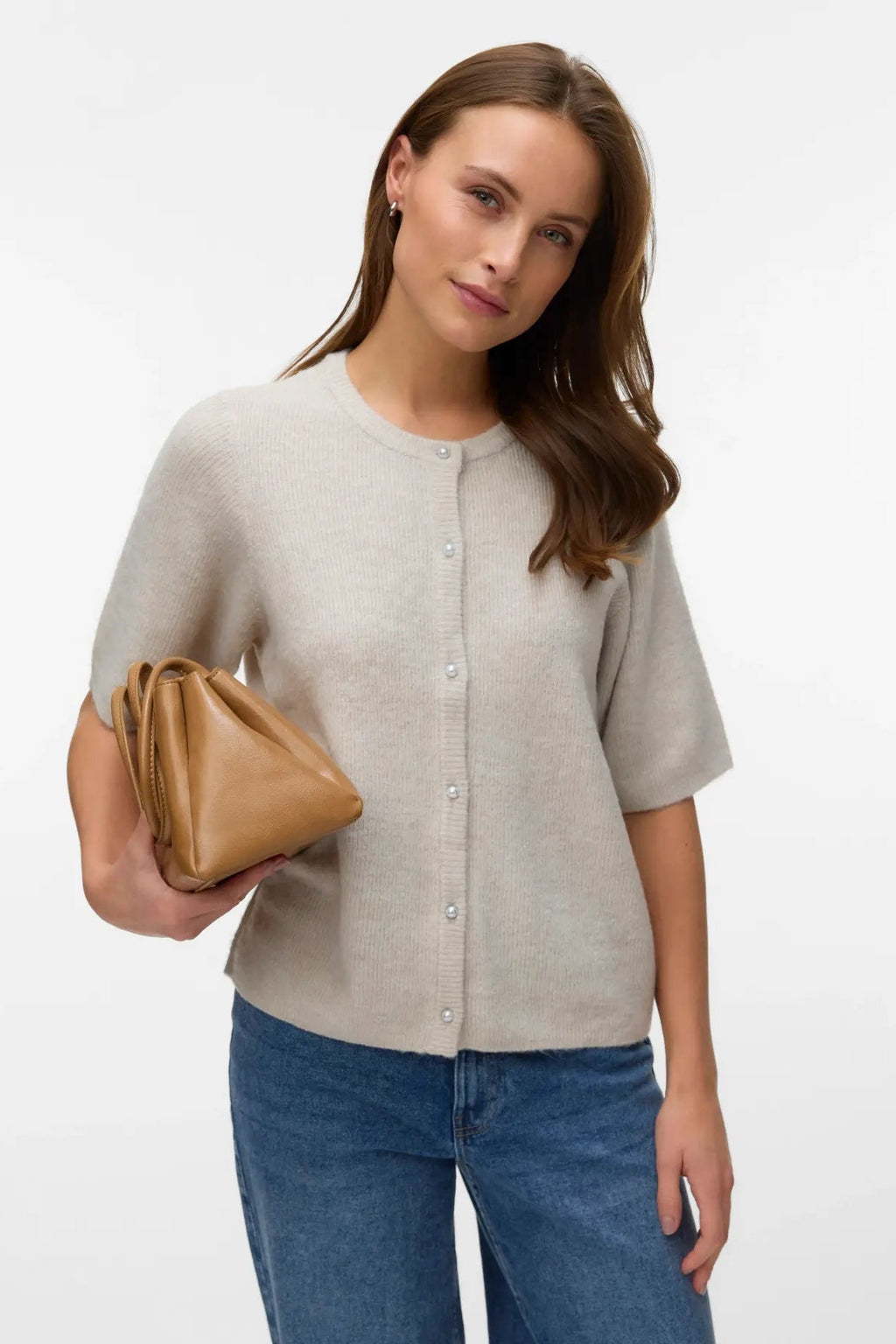 Lefile 2/4 O-Neck Pärlcardigan - Pumice Stone Melange