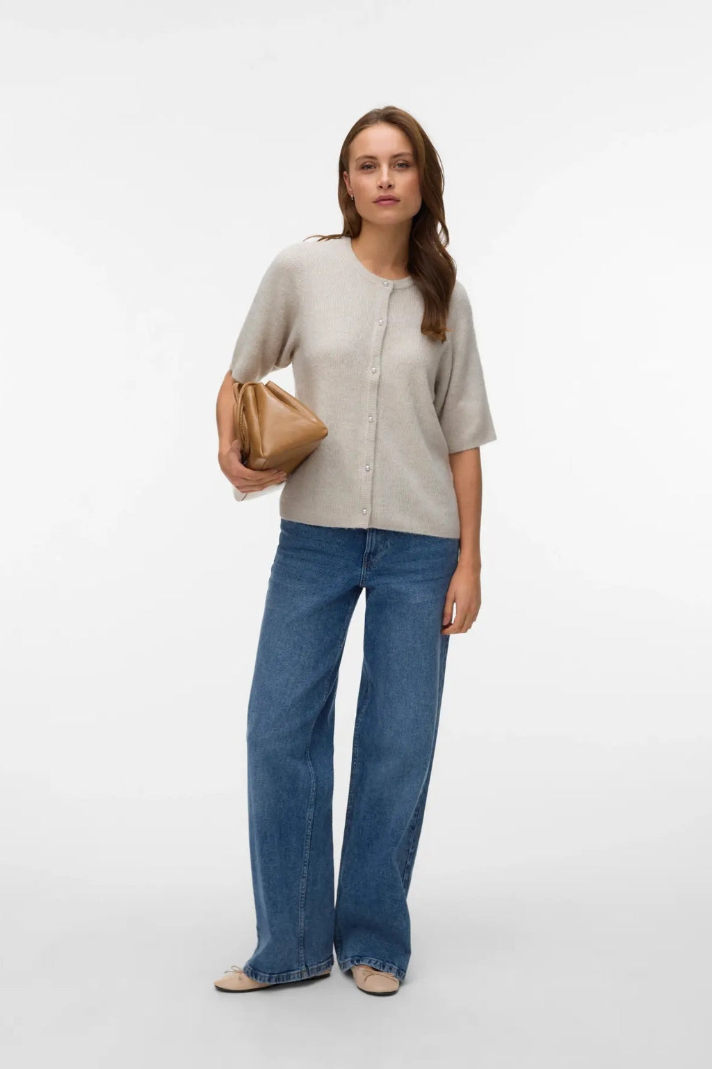 Lefile 2/4 O-Neck Pärlcardigan - Pumice Stone Melange