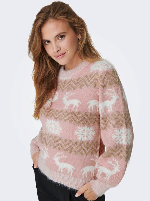 Xmas Fairisle Pullover Stickat - Rose Smoke - ONLY - Rosa