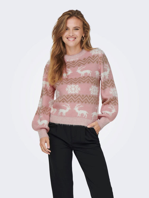 Xmas Fairisle Pullover Stickat - Rose Smoke - ONLY - Rosa